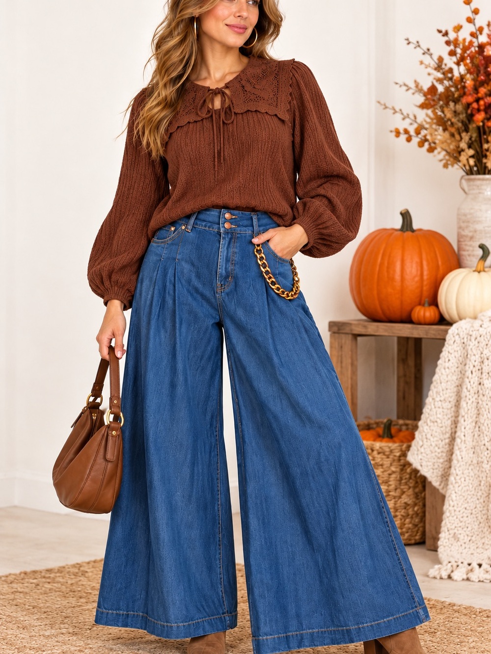 098.New Wide Leg High-Waist Blue Denim Jeans - Casual Women's Jeans